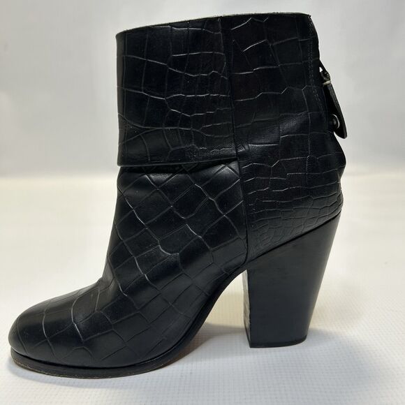Rag & Bone Womens Newbury Croc Embossed Leather Ankle Booties 5.5 Black Classic - Picture 3 of 10